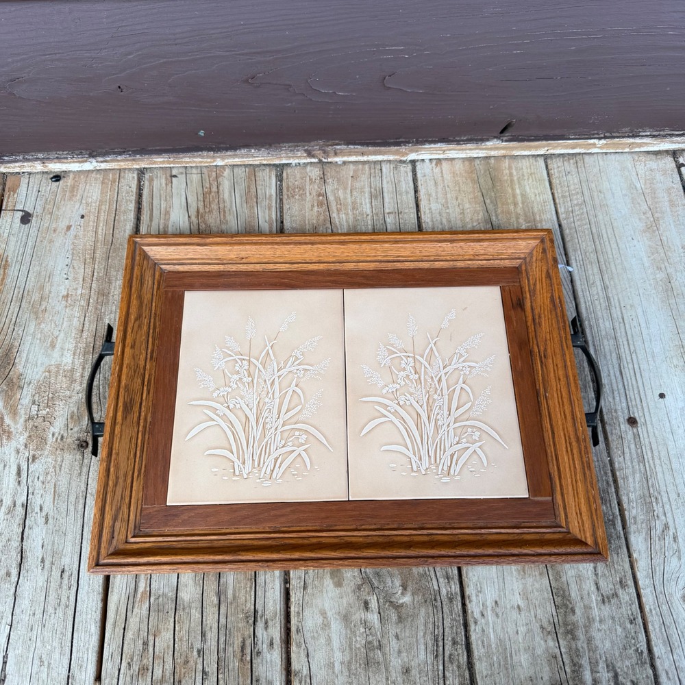 Vintage Wood & Ceramic Tile Serving Tray Botanical Wheat Bas-Relief -Cottagecore